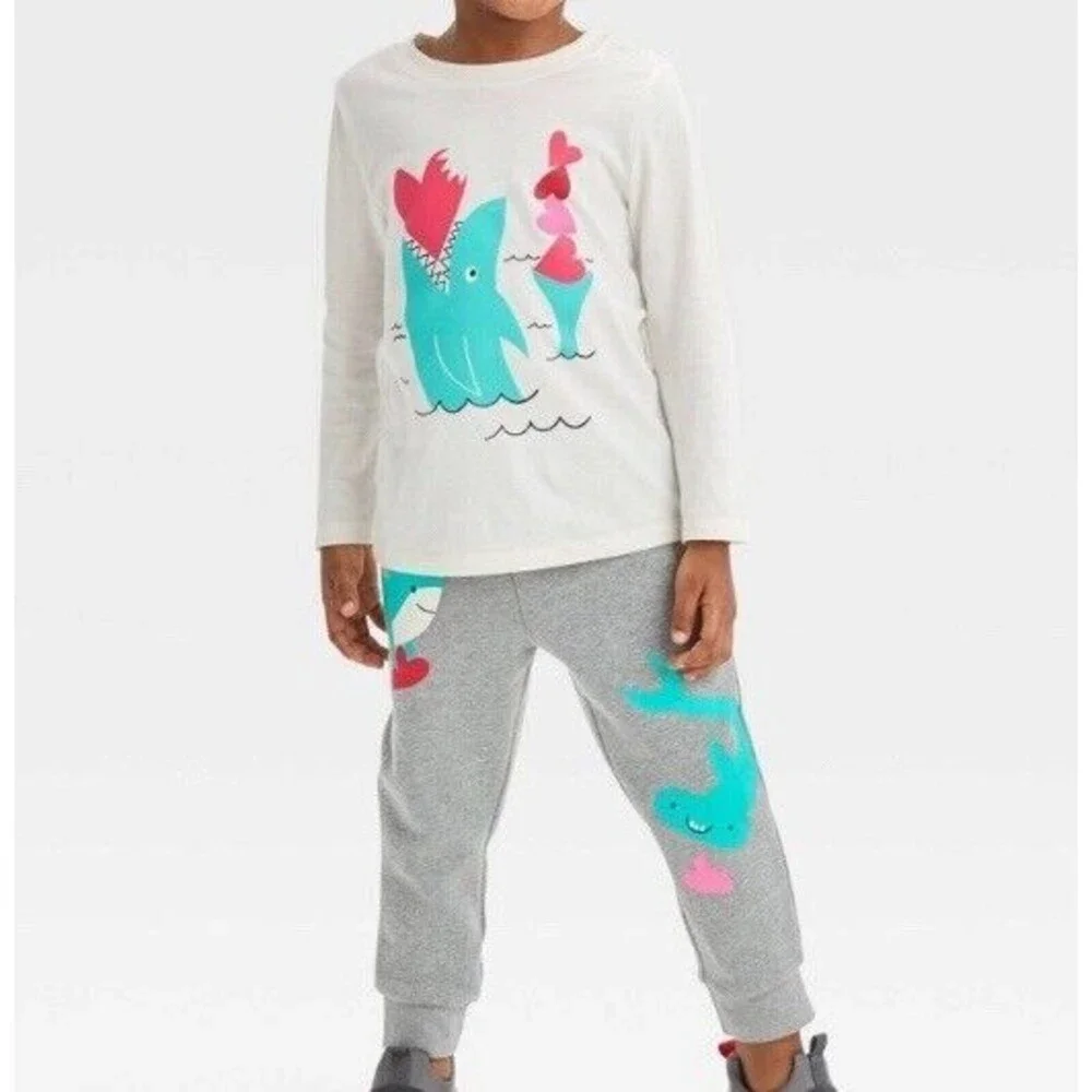 Cat & Jack Infant Boys Shark Valentines Outfit Pants Sweatshirt Cream Gray NEW!